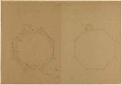 217428 Twee plattegronden van het achtkant van de Domtoren te Utrecht, van oost naar west: links ter hoogte van de ...